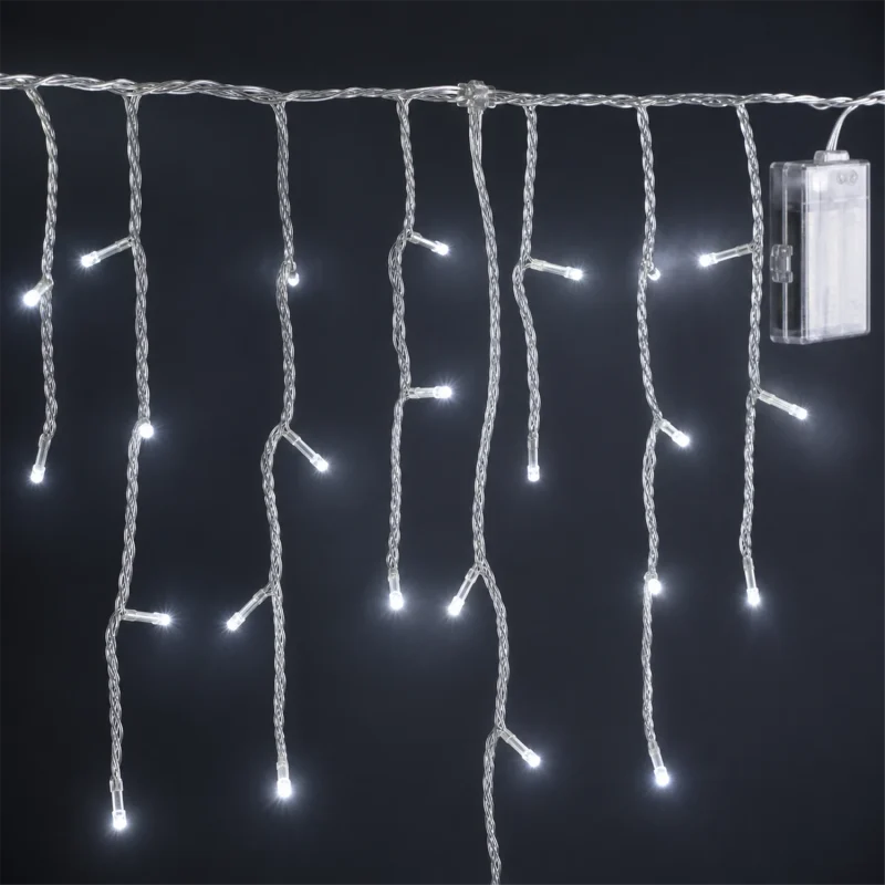 Estalactitas LED a pilas - 180 LEDs Blanco Hielo - juegos de luces con temporizador (6h ON/18h OFF) - L 4,20 m × H máx 50 cm - cable transparente - funciona con pilas - uso exterior