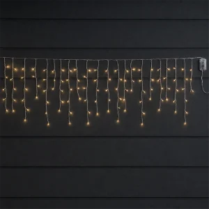 Stalattiti LED a Batteria – 180 LED luce calda – giochi luce con timer (6h ON/18h OFF) – L 4,20 m × H max 50 cm – filo trasparente – a batteria – uso esterno