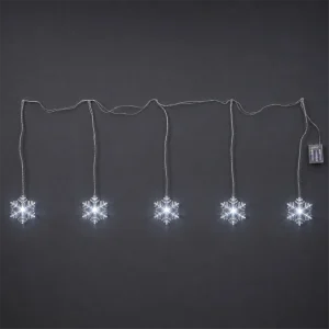 Tenda 5 Fiocchi di Neve in Acrilico LED H 11 cm – L 140 cm × 54 cm – 5 LED chiari flashing – filo trasparente – a batteria – uso interno