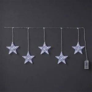 Tenda Stelle Diamanti Sfalsata a Batteria – 5 stelle H 15 cm – 50 LED Bianco Ghiaccio – giochi luce con timer (6h ON/18h OFF) – L 1 m × H max 40 cm – filo trasparente – a batteria – uso esterno