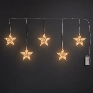 Tenda Stelle Diamanti Sfalsata a Batteria – 5 stelle H 15 cm – 50 LED luce calda – giochi luce con timer (6h ON/18h OFF) – L 1 m × H max 40 cm – filo trasparente – a batteria – uso esterno