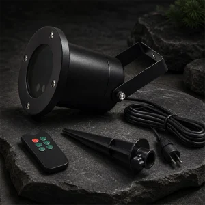 Proiettore Laser Verde/Rosso in Alluminio – 8 disegni laser – telecomando – regolatore velocità e timer – 12V – con picchetto da terreno – cavo 5 m – uso esterno