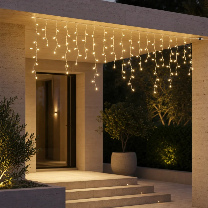Mega LED Stalaktiten warmes Licht - 180 Mega LEDs Ø 8 mm - Lichtspiele - B 3,60 m × H max. 80 cm - anschließbar (max. 5 Sets) - weißes Kabel - 31V - Außeneinsatz