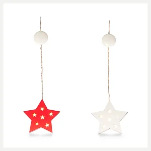 Stella effetto legno LED – H 16,5 cm – bianco/rosso assortiti – 6 LED luce calda – luce fissa – a batteria con ventosa – uso interno