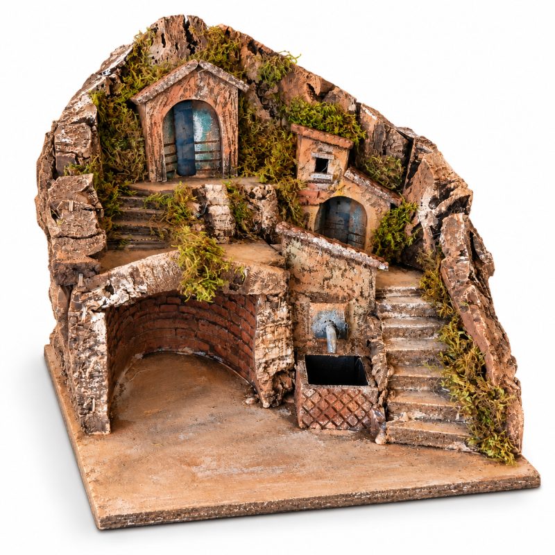 Presepe Completo 33x27x35 cm con Luci e Fontana Funzionante, Scala 1:20 per Statue 10 cm